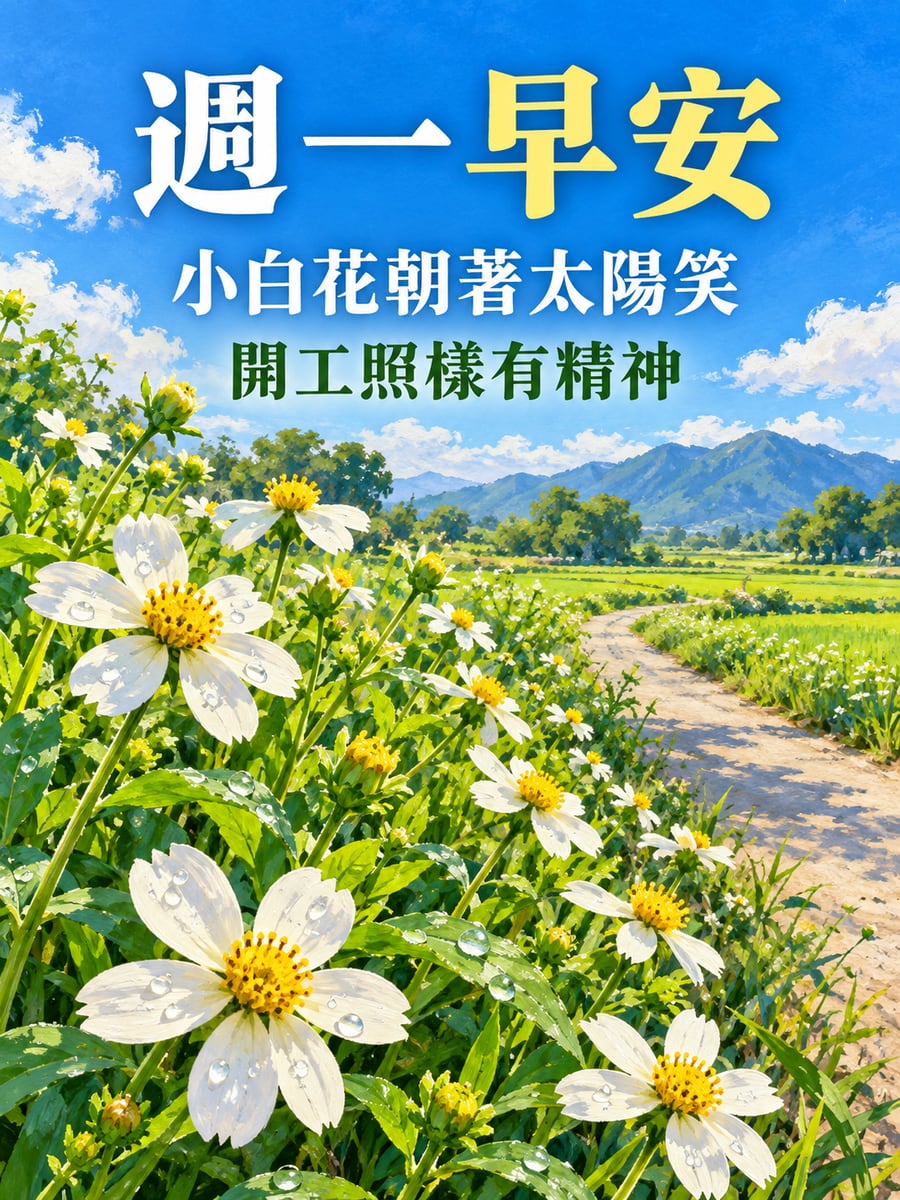 迎著朝陽的咸豐草。圖中文字：週一早安，小白花朝著太陽笑，開工照樣有精神