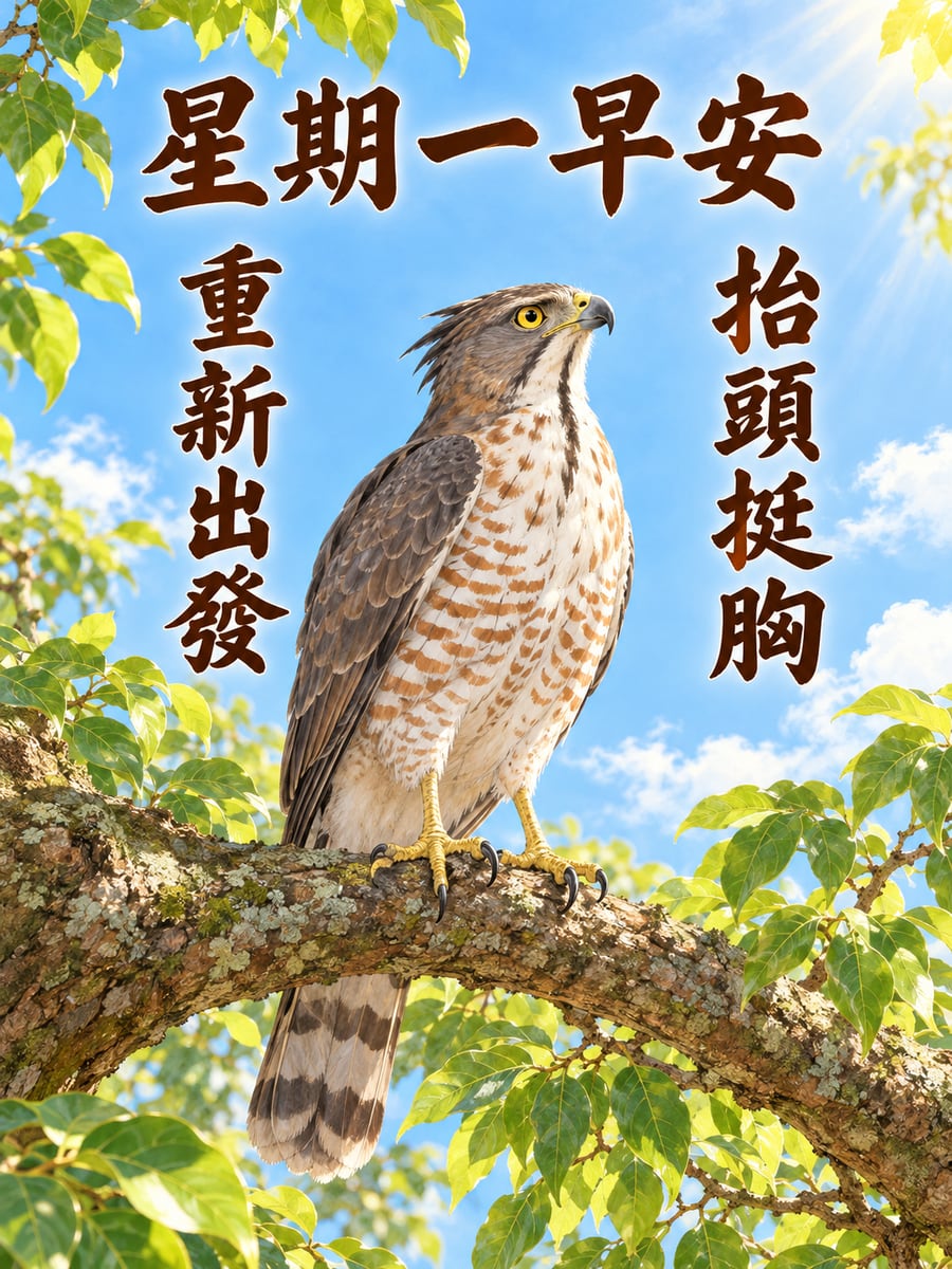 樟樹上的鳳頭蒼鷹。圖中文字：星期一早安，抬頭挺胸，重新出發