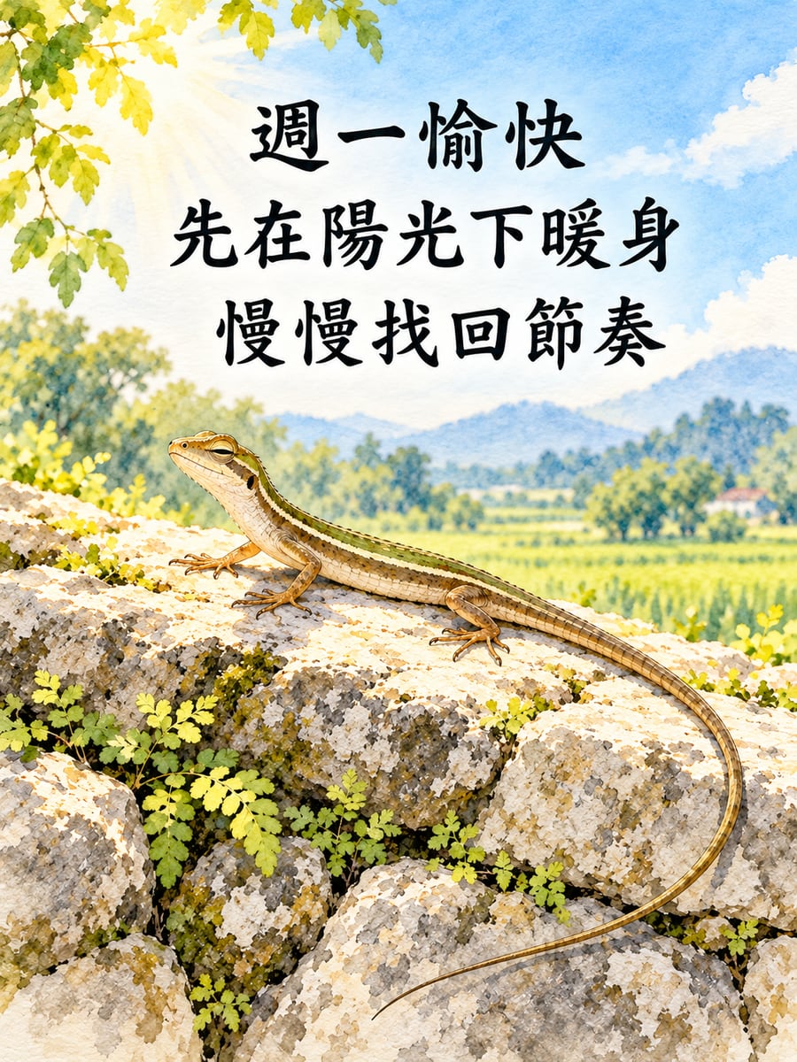 陽光下暖身的草蜥。圖中文字：週一愉快，先在陽光下暖身，慢慢找回節奏
