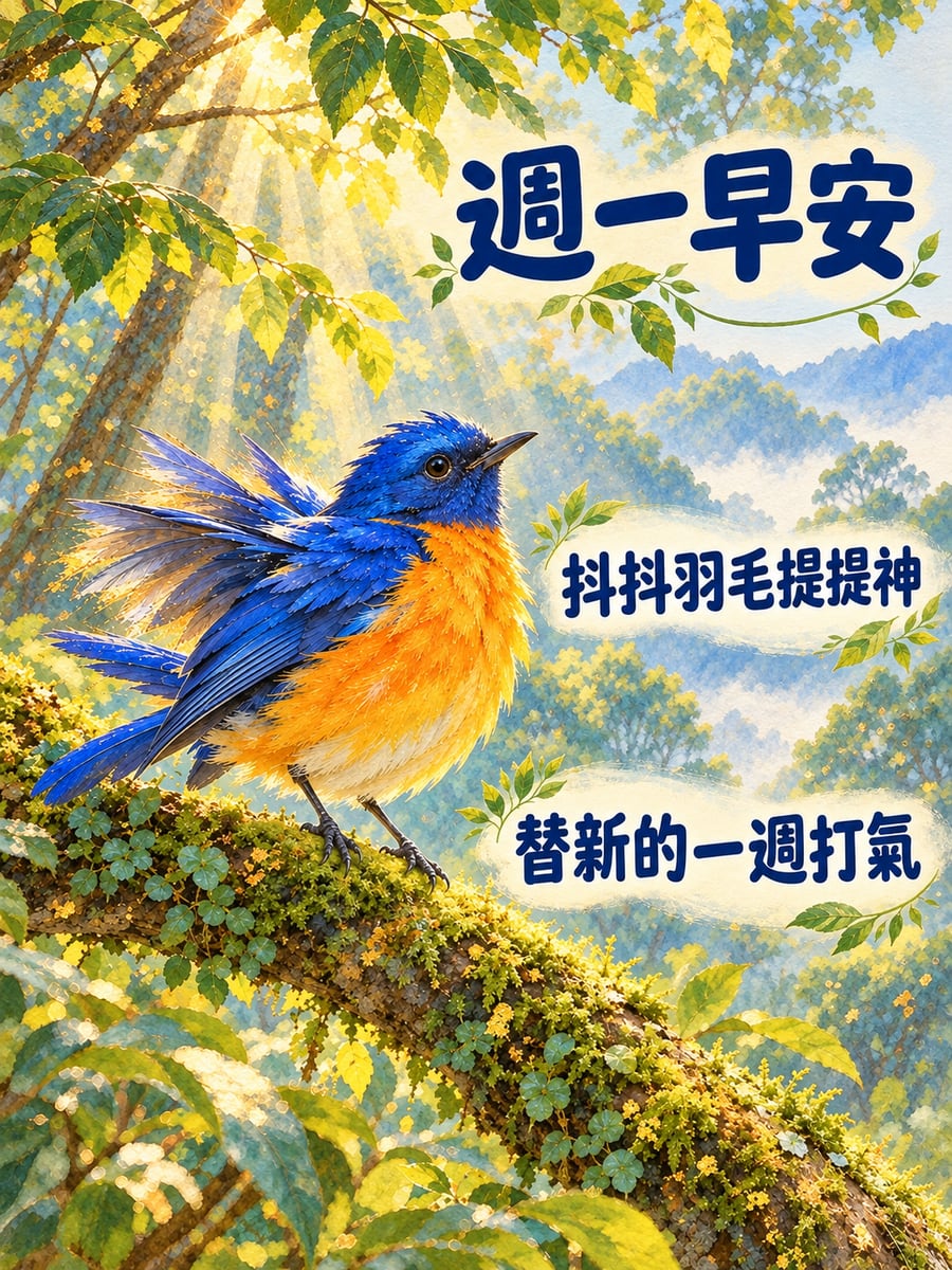 抖開羽毛的黃腹琉璃。圖中文字：週一早安，抖抖羽毛提提神，替新的一週打氣