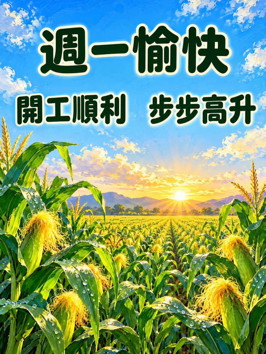 朝陽下的玉米田。圖中文字：週一愉快，開工順利，步步高升