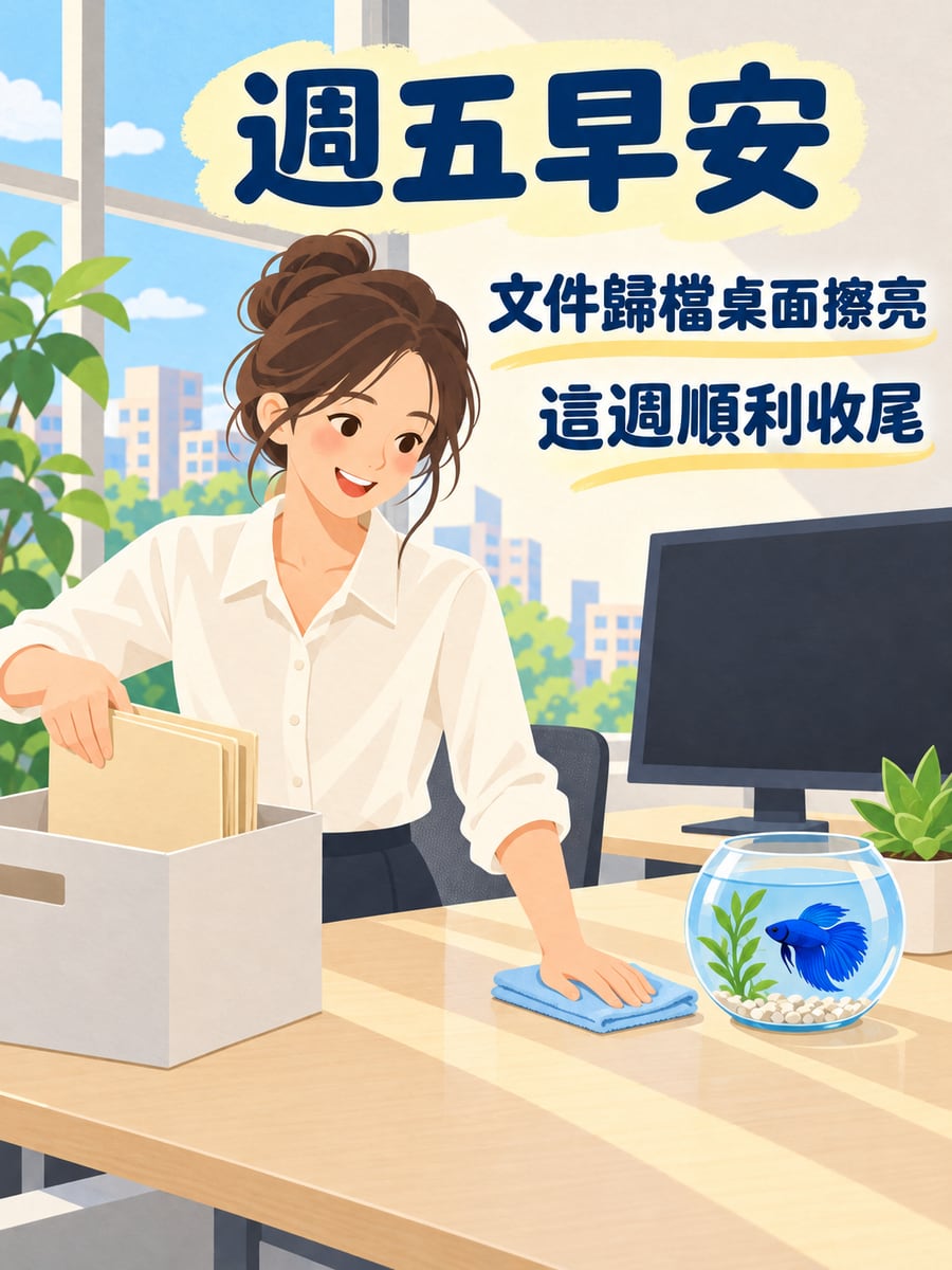 整理好的桌面和鬥魚。圖中文字：週五早安，文件歸檔桌面擦亮，這週順利收尾