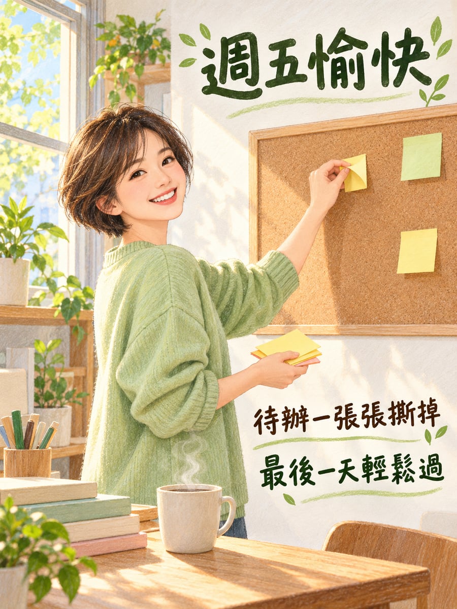 便利貼一張張撕下。圖中文字：週五愉快，待辦一張張撕掉，最後一天輕鬆過