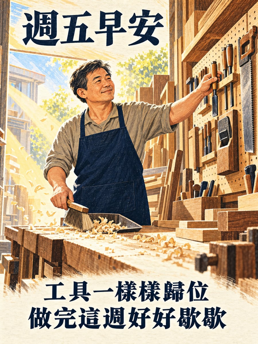 木工師傅的工具歸位。圖中文字：週五早安，工具一樣樣歸位，做完這週好好歇歇