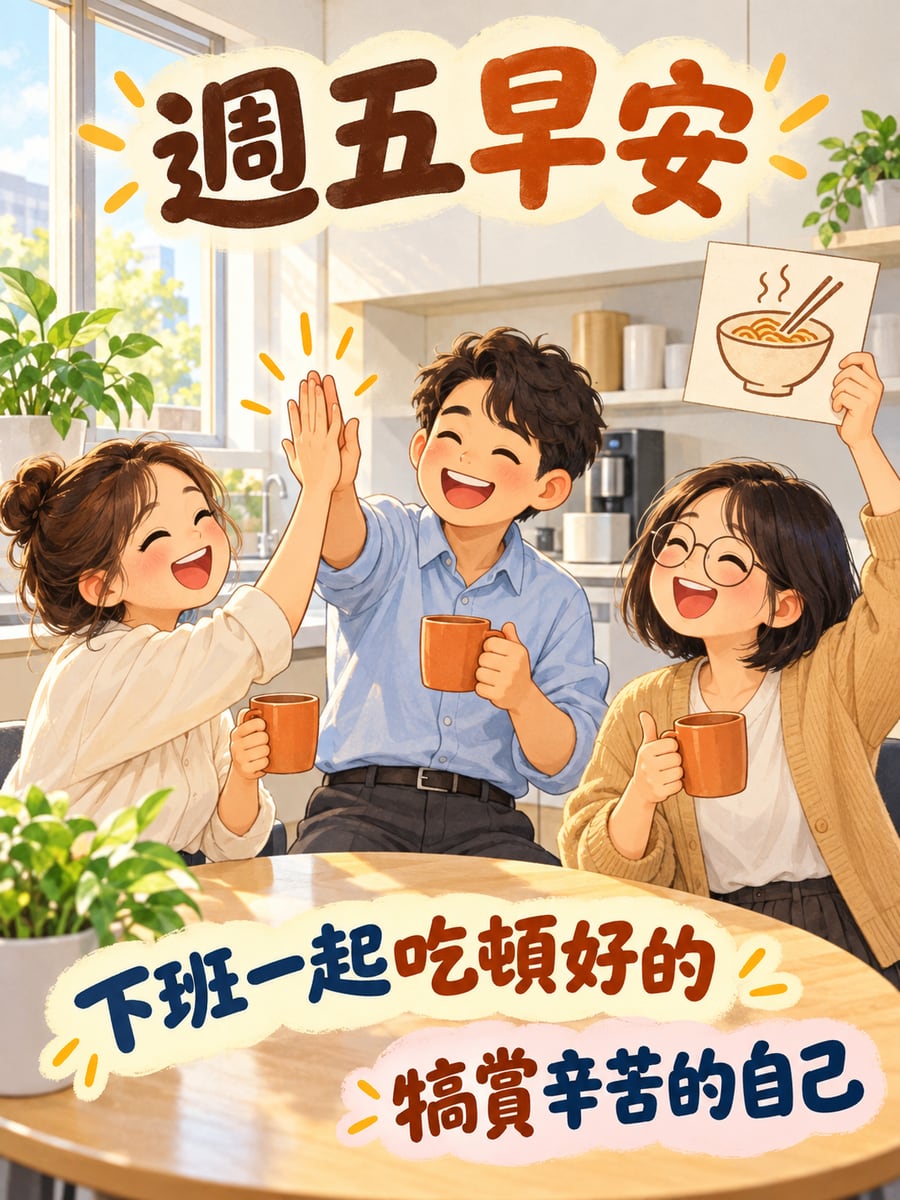 茶水間約好吃飯。圖中文字：週五早安，下班一起吃頓好的，犒賞辛苦的自己