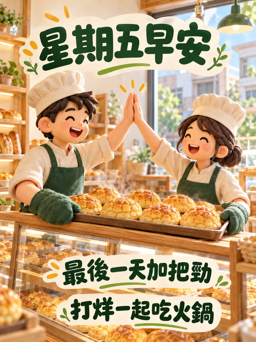 麵包店店員約好吃火鍋。圖中文字：星期五早安，最後一天加把勁，打烊一起吃火鍋