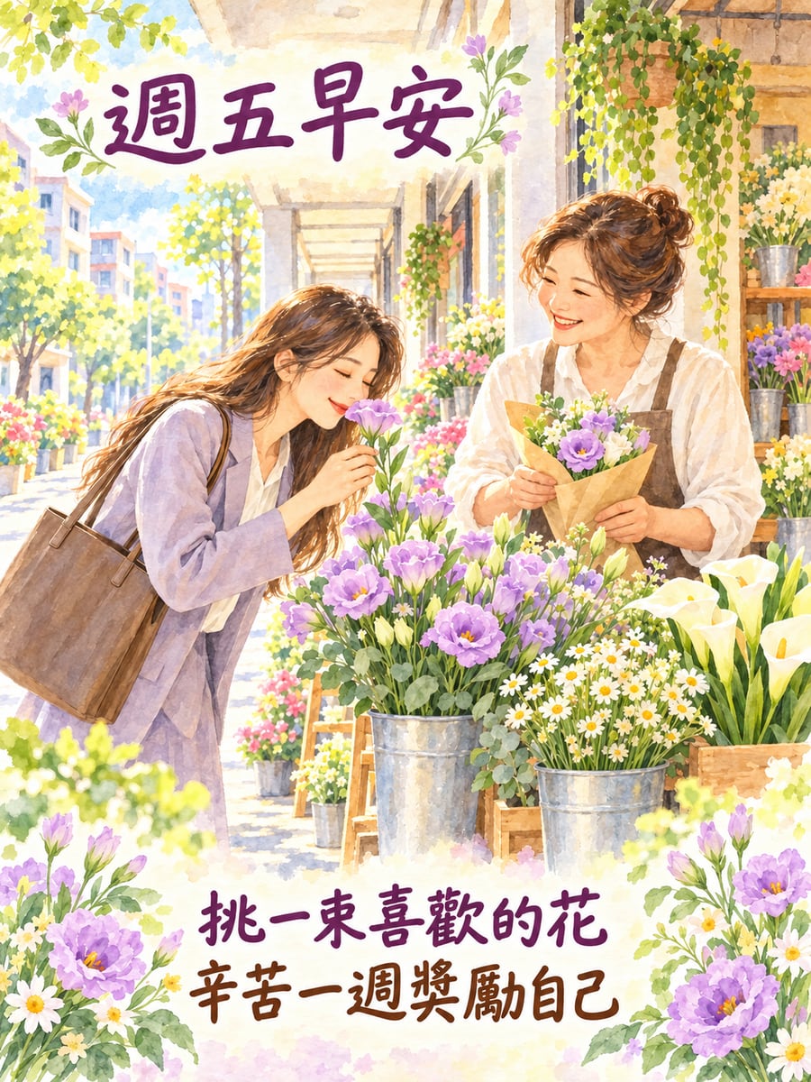 上班前挑好一束花。圖中文字：週五早安，挑一束喜歡的花，辛苦一週獎勵自己