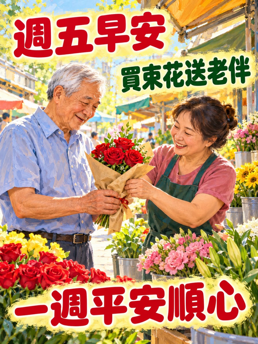 阿伯挑花送老伴。圖中文字：週五早安，買束花送老伴，一週平安順心
