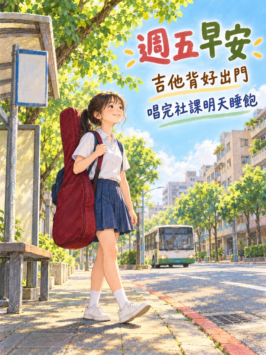 背著吉他等公車。圖中文字：週五早安，吉他背好出門，唱完社課明天睡飽
