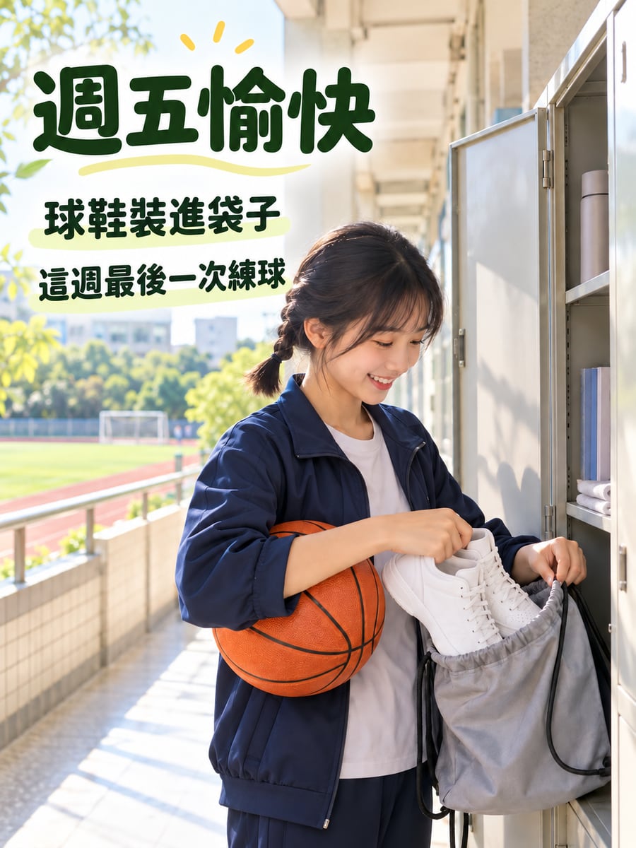 球鞋收進置物櫃。圖中文字：週五愉快，球鞋裝進袋子，這週最後一次練球