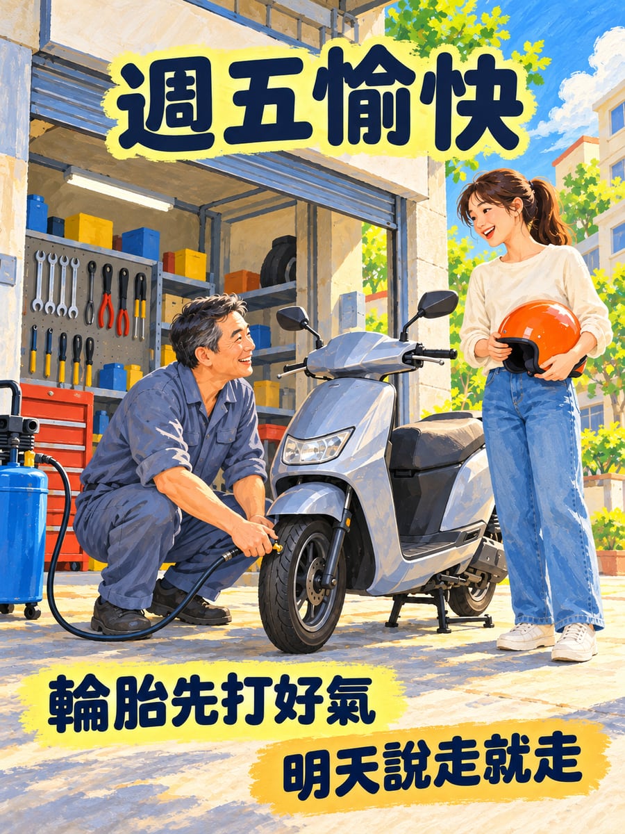 機車行先打好氣。圖中文字：週五愉快，輪胎先打好氣，明天說走就走