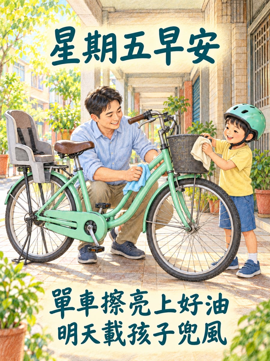 父子把單車擦亮。圖中文字：星期五早安，單車擦亮上好油，明天載孩子兜風