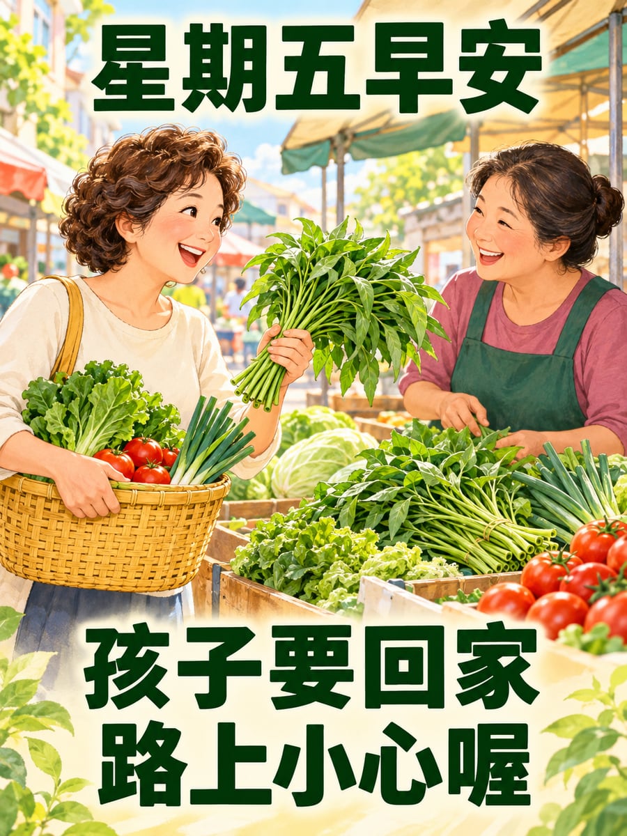 媽媽多買一把菜。圖中文字：星期五早安，孩子要回家，路上小心喔