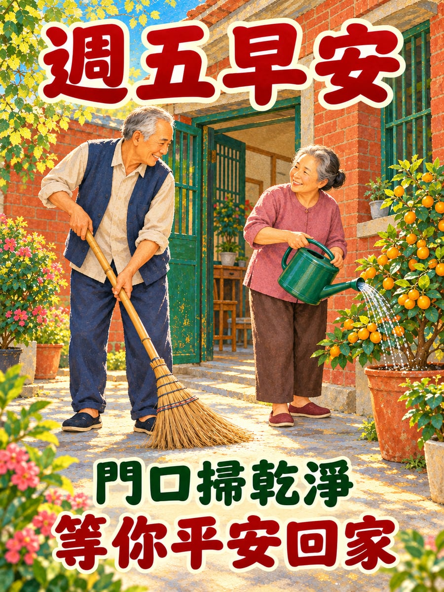 掃好門口等孩子。圖中文字：週五早安，門口掃乾淨，等你平安回家