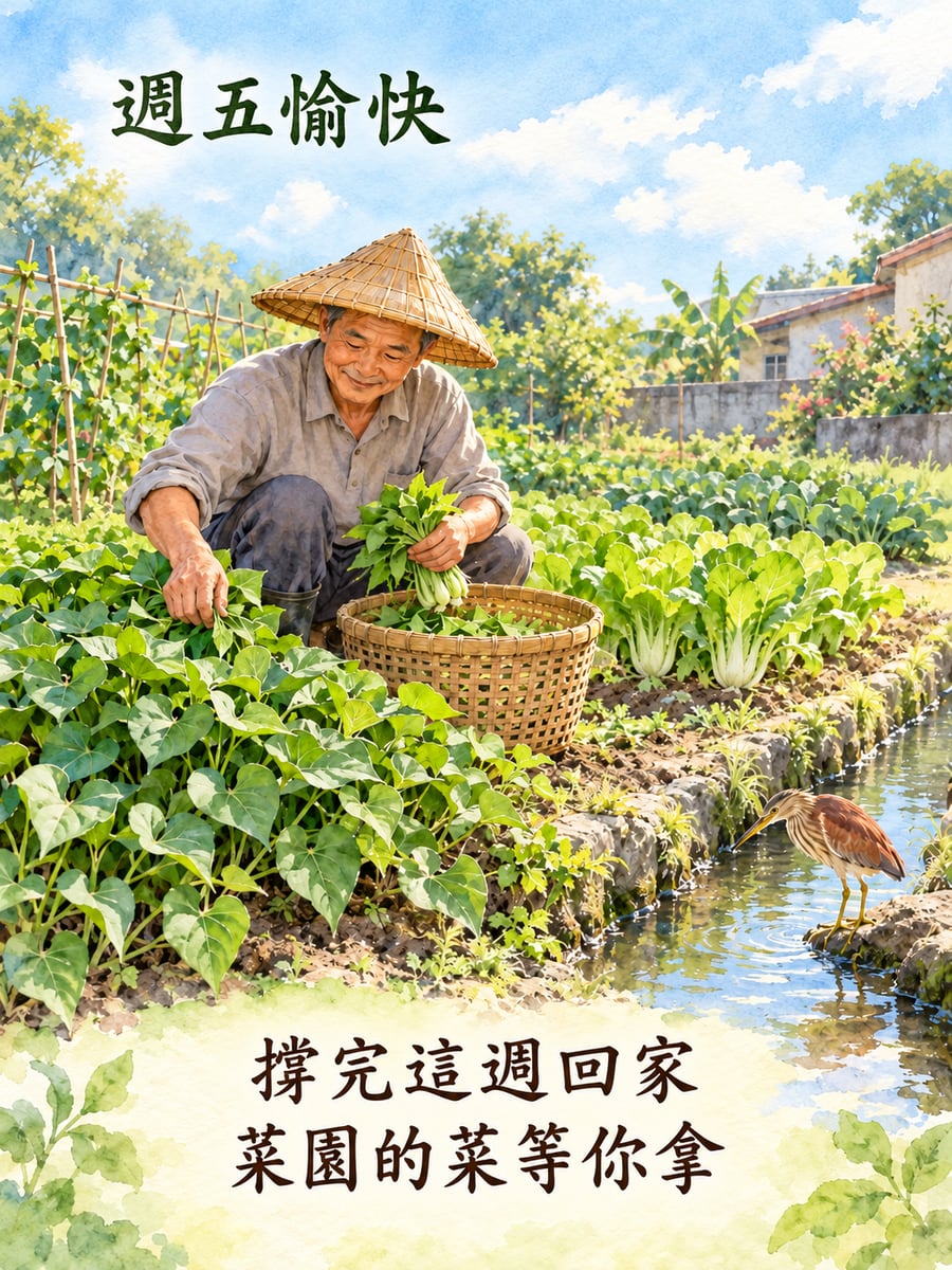 菜園邊的栗小鷺。圖中文字：週五愉快，撐完這週回家，菜園的菜等你拿