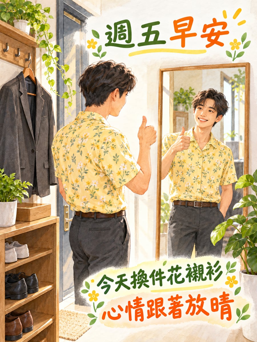 換上花襯衫出門。圖中文字：週五早安，今天換件花襯衫，心情跟著放晴