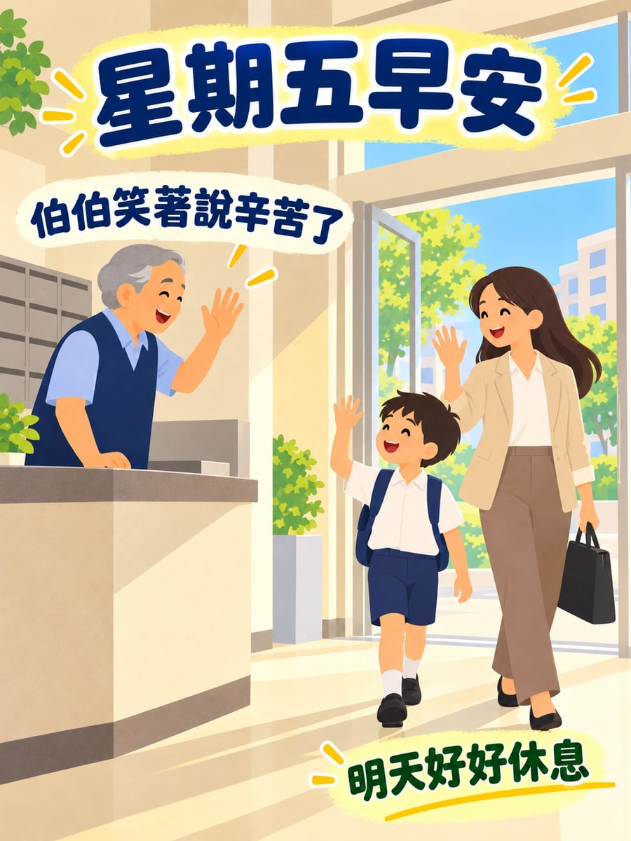 大樓管理員揮手問早。圖中文字：星期五早安，伯伯笑著說辛苦了，明天好好休息