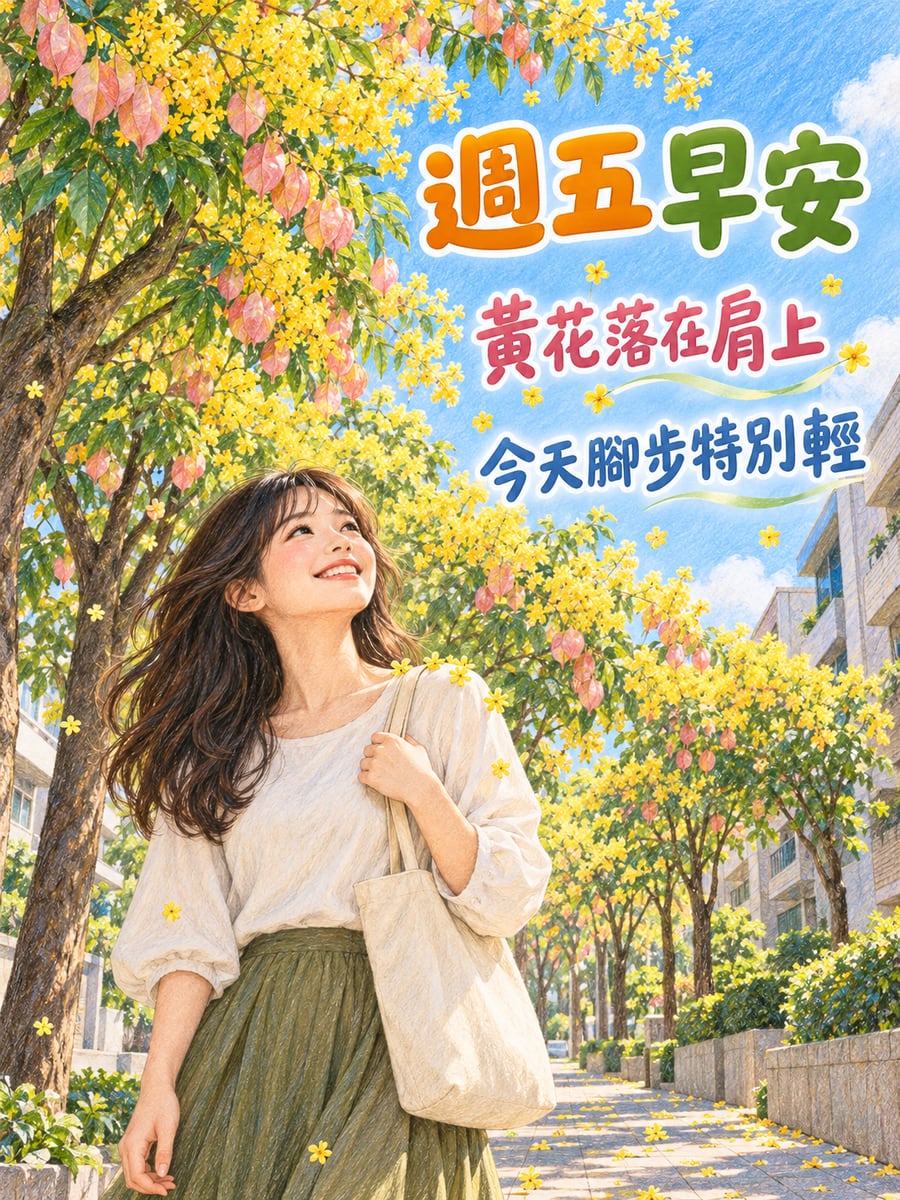 欒樹黃花落在肩上。圖中文字：週五早安，黃花落在肩上，今天腳步特別輕