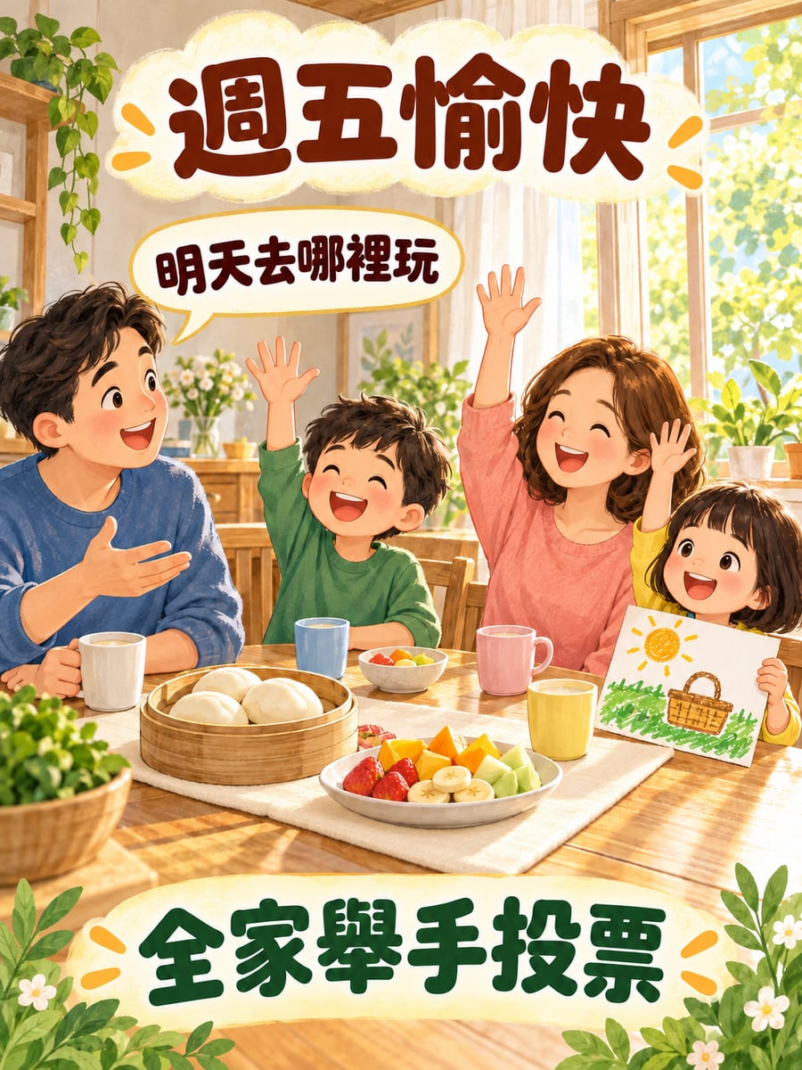 早餐桌上舉手投票。圖中文字：週五愉快，明天去哪裡玩，全家舉手投票
