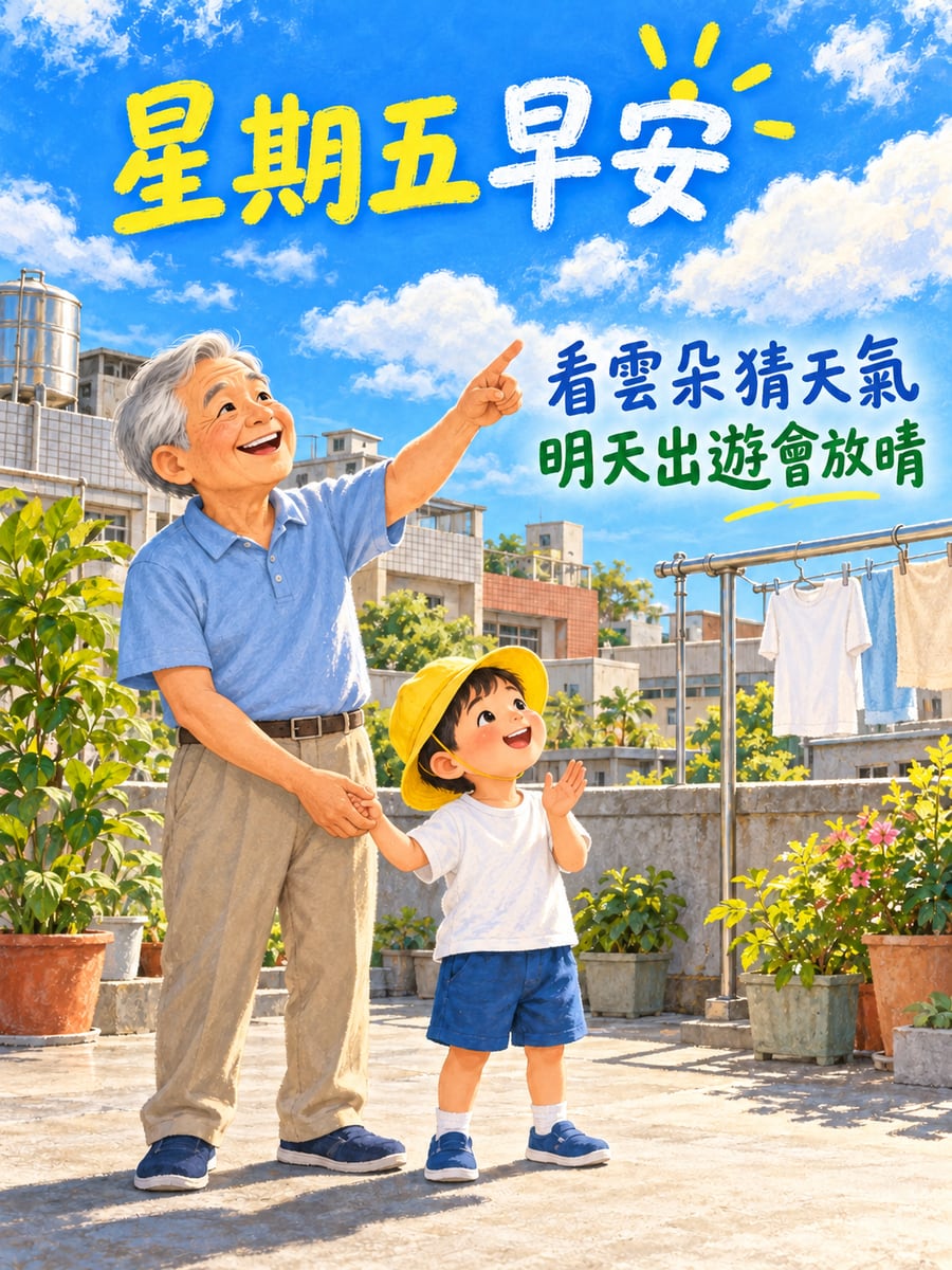 阿公教孫子看雲猜天氣。圖中文字：星期五早安，看雲朵猜天氣，明天出遊會放晴