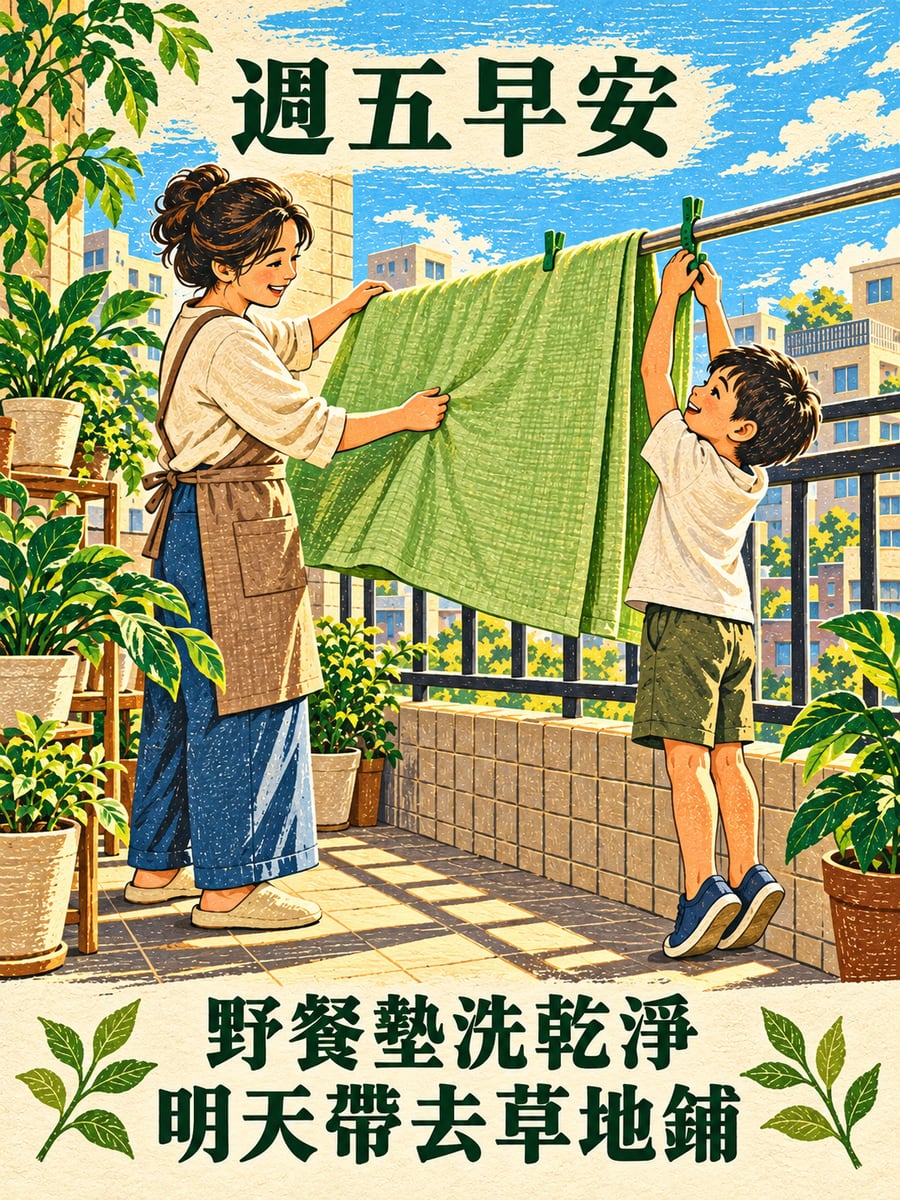 陽台晾野餐墊。圖中文字：週五早安，野餐墊洗乾淨，明天帶去草地鋪