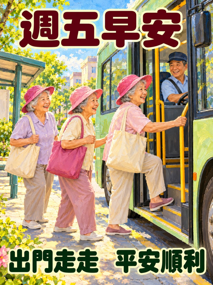 阿嬤們結伴搭公車。圖中文字：週五早安，出門走走，平安順利