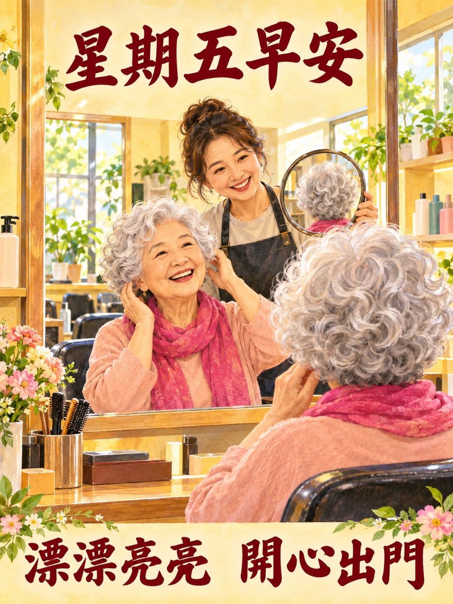 阿嬤做好新髮型。圖中文字：星期五早安，漂漂亮亮，開心出門