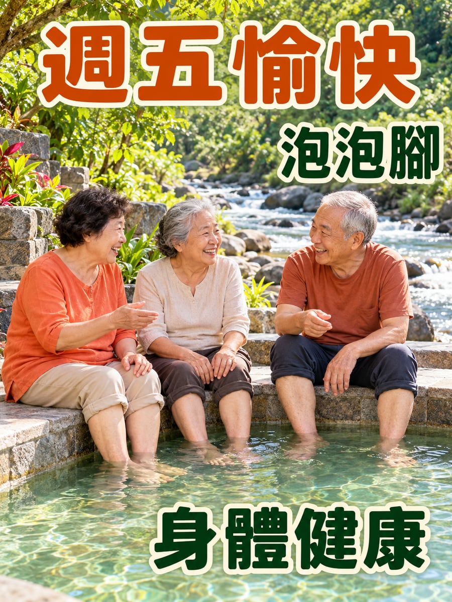 溪邊泡泡腳。圖中文字：週五愉快，泡泡腳，身體健康