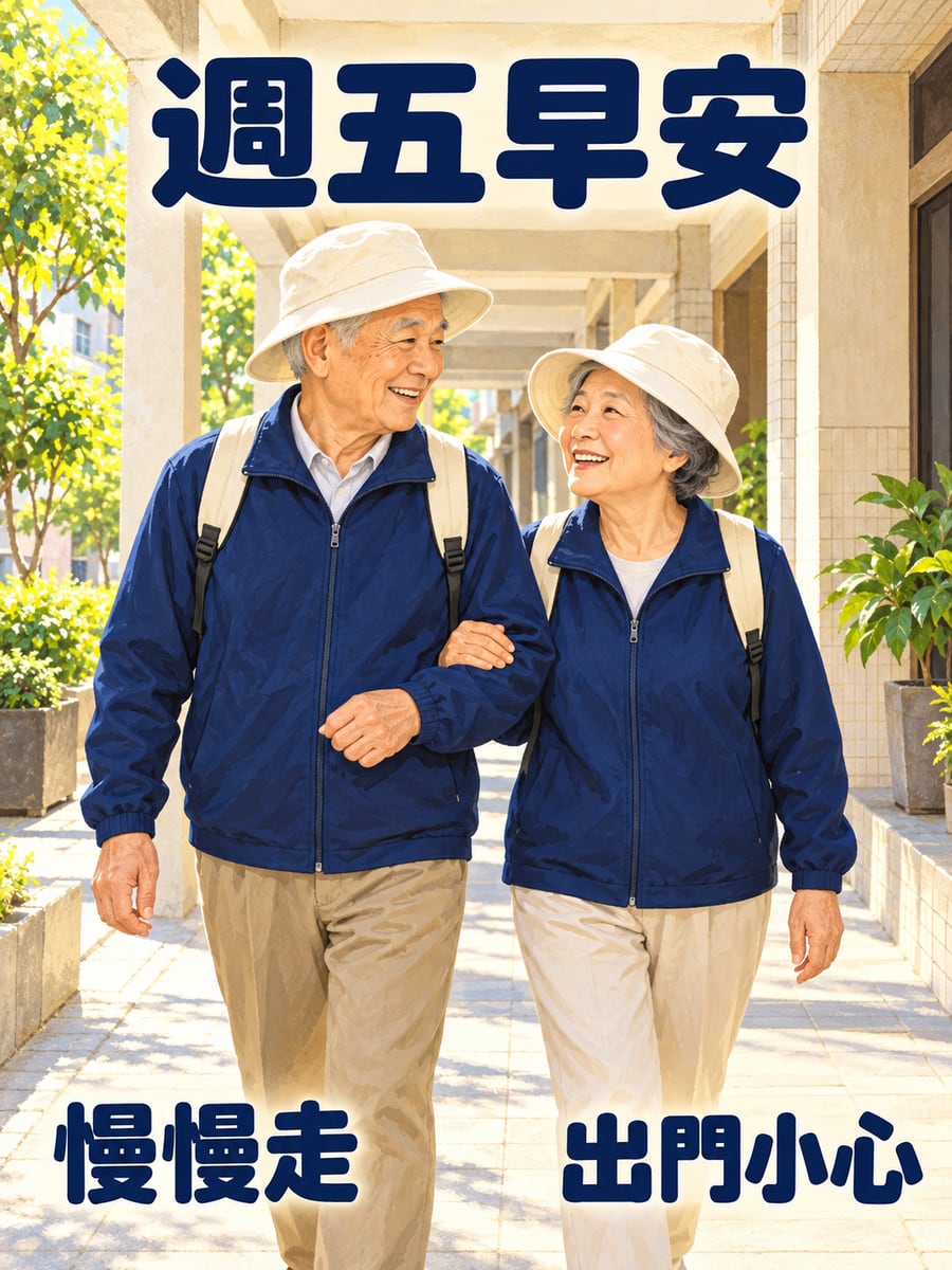 老夫妻戴帽出門散步。圖中文字：週五早安，慢慢走，出門小心