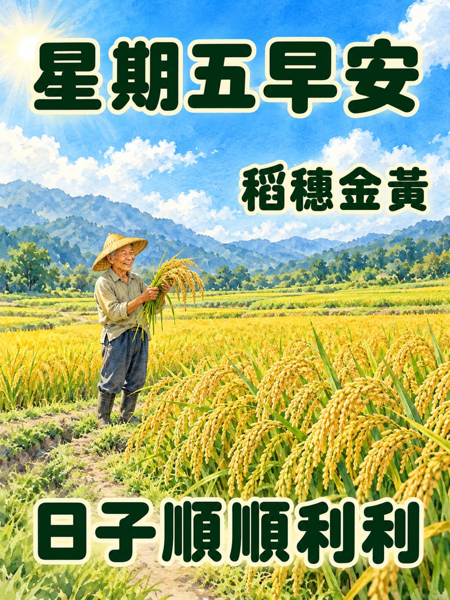 阿公捧著金黃稻穗。圖中文字：星期五早安，稻穗金黃，日子順順利利