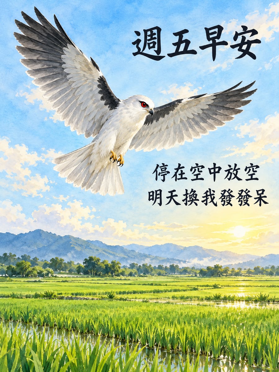 停在空中的黑翅鳶。圖中文字：週五早安，停在空中放空，明天換我發發呆