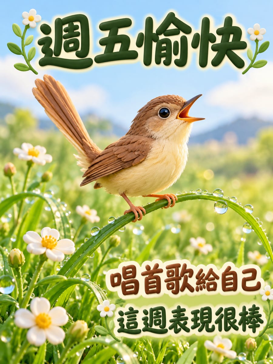草莖上唱歌的褐頭鷦鶯。圖中文字：週五愉快，唱首歌給自己，這週表現很棒