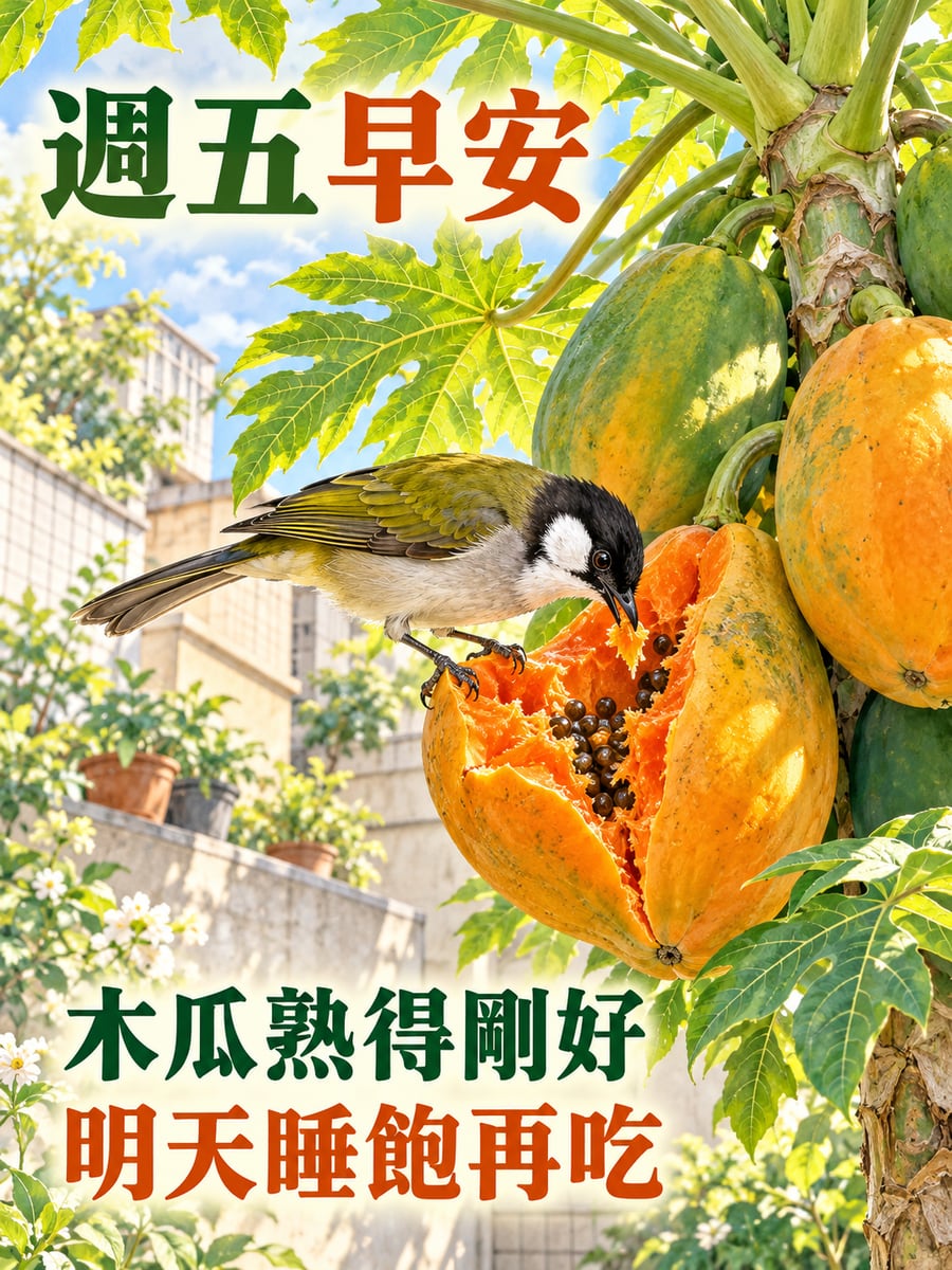 烏頭翁吃木瓜。圖中文字：週五早安，木瓜熟得剛好，明天睡飽再吃
