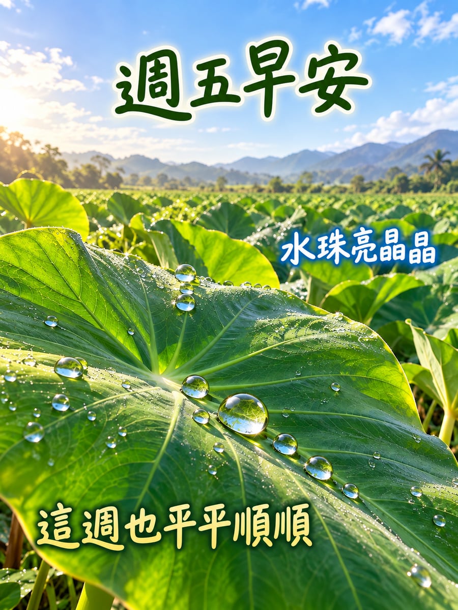 芋頭葉上滾動的水珠。圖中文字：週五早安，水珠亮晶晶，這週也平平順順