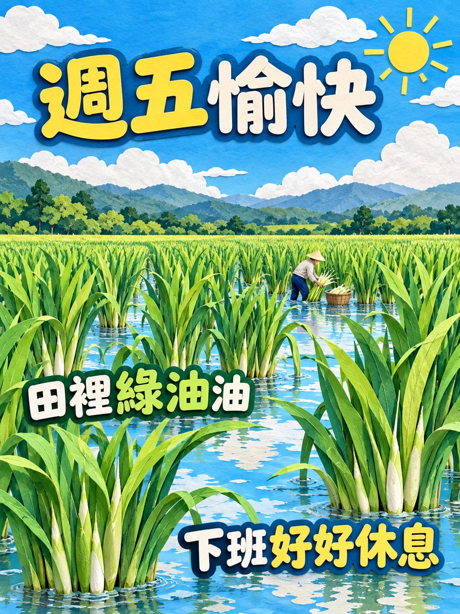 綠油油的茭白筍田。圖中文字：週五愉快，田裡綠油油，下班好好休息