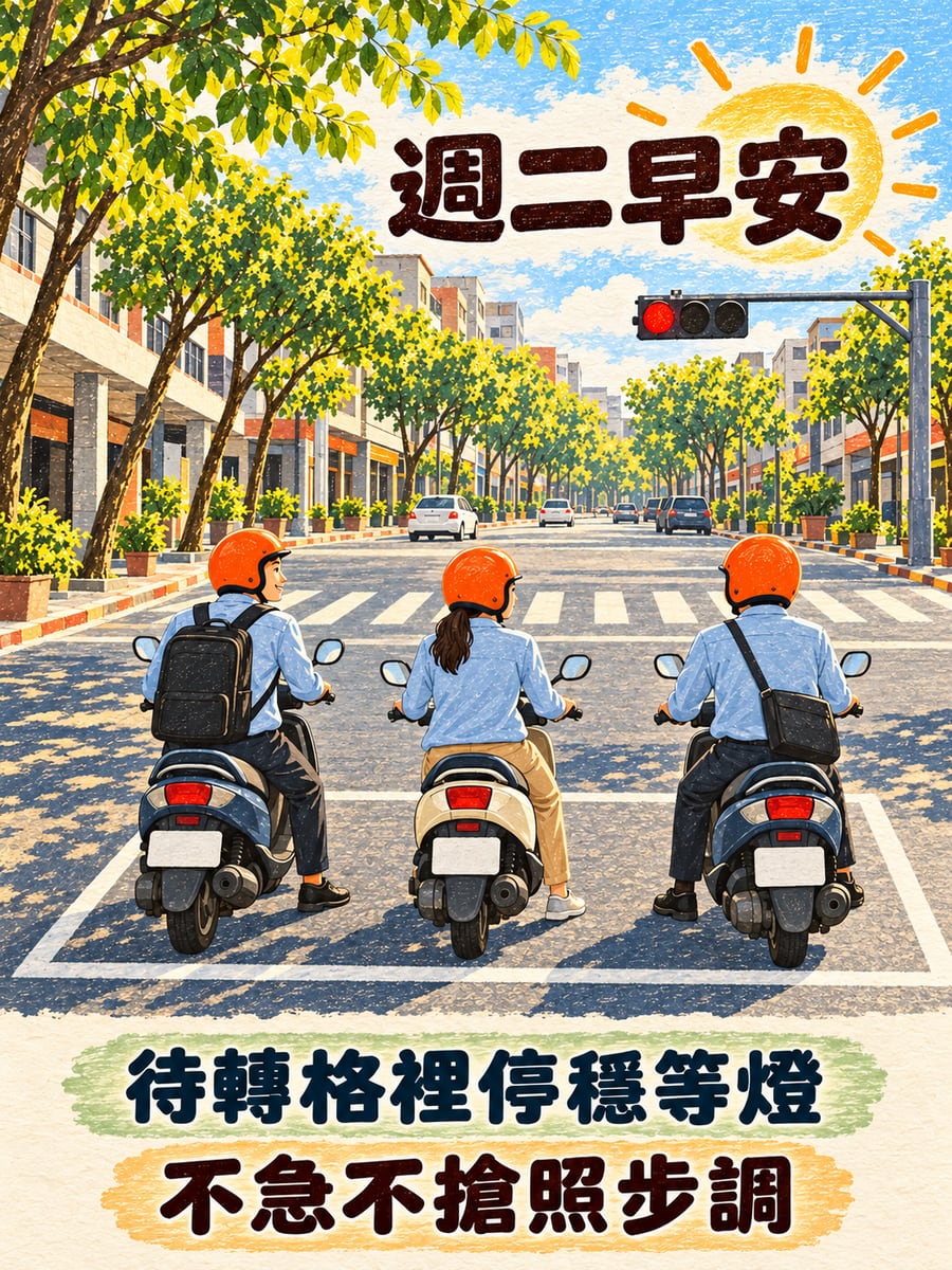 待轉格裡排好隊。圖中文字：週二早安，待轉格裡停穩等燈，不急不搶照步調