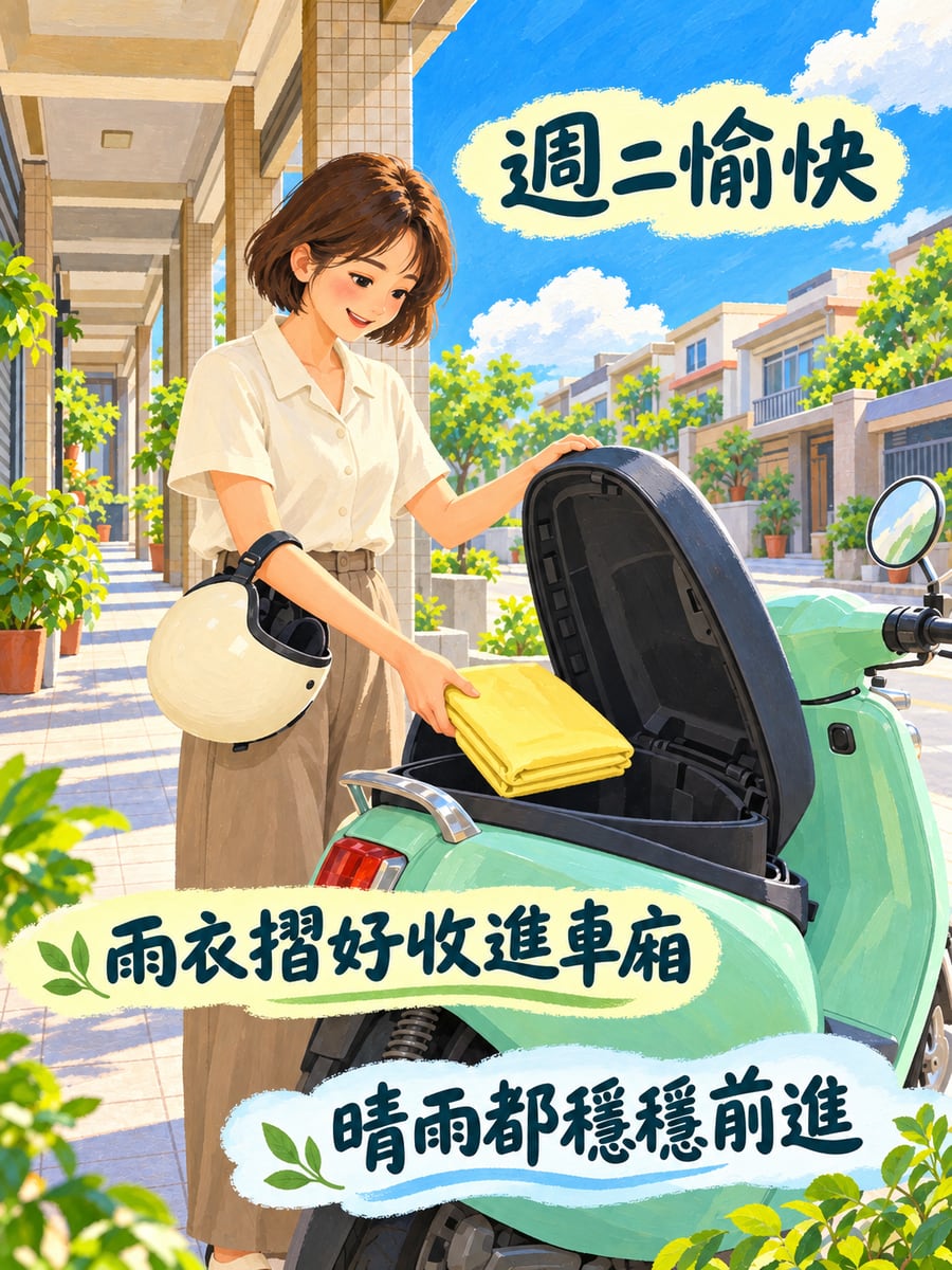 雨衣摺好收進車廂。圖中文字：週二愉快，雨衣摺好收進車廂，晴雨都穩穩前進
