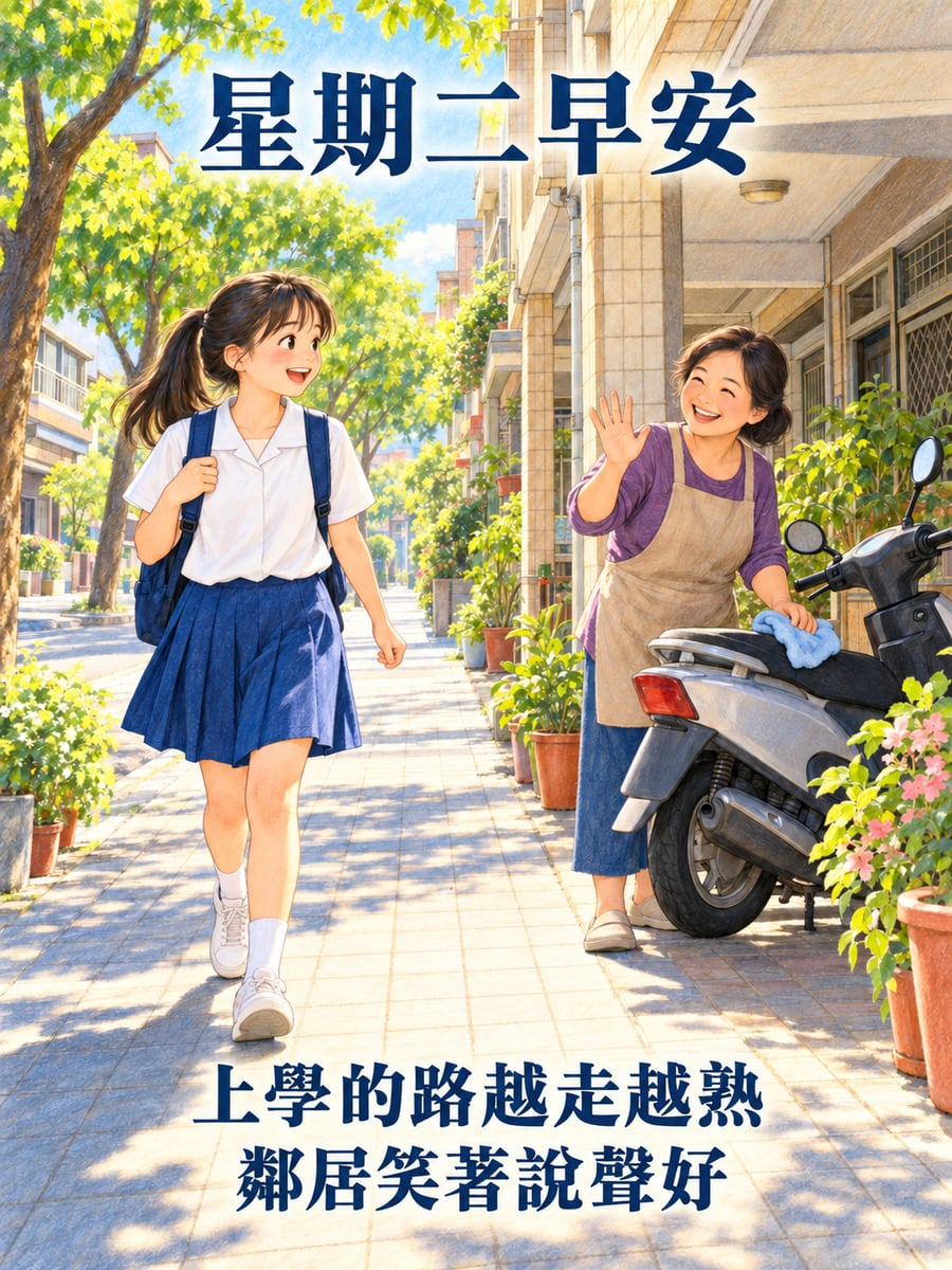 上學路上跟鄰居問好。圖中文字：星期二早安，上學的路越走越熟，鄰居笑著說聲好