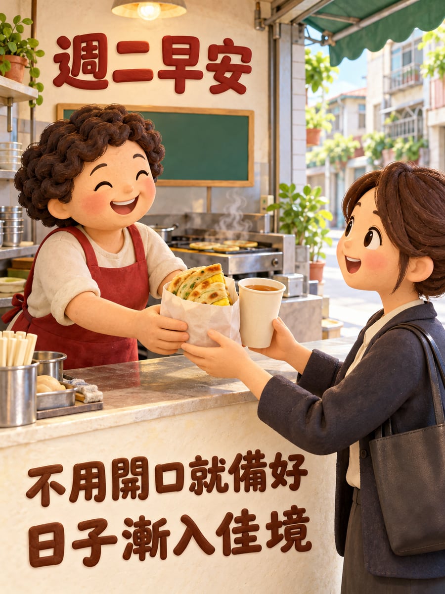 老闆娘記得熟客的口味。圖中文字：週二早安，不用開口就備好，日子漸入佳境