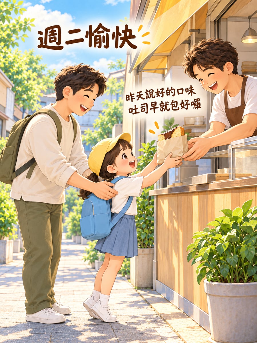 小熟客的巧克力吐司。圖中文字：週二愉快，昨天說好的口味，吐司早就包好囉
