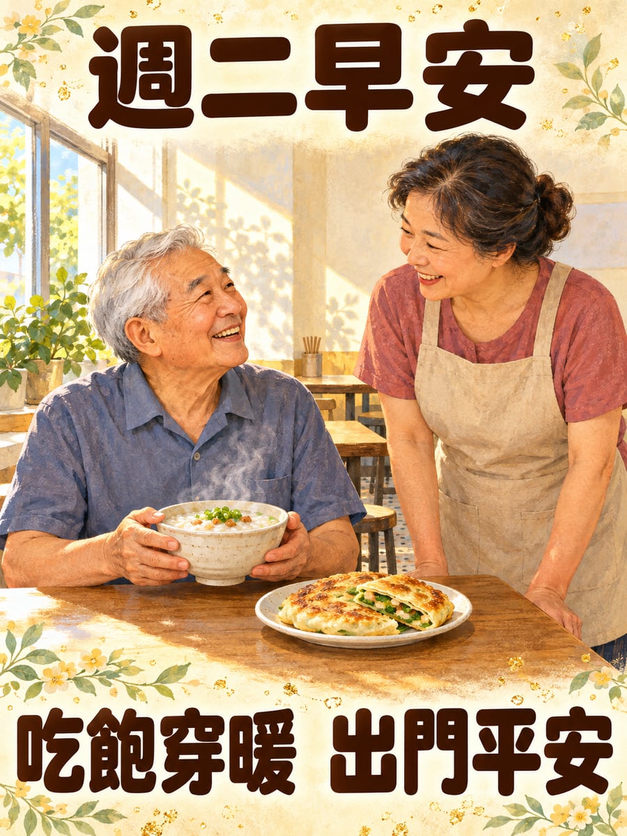 早餐店的老熟客阿伯。圖中文字：週二早安，吃飽穿暖，出門平安