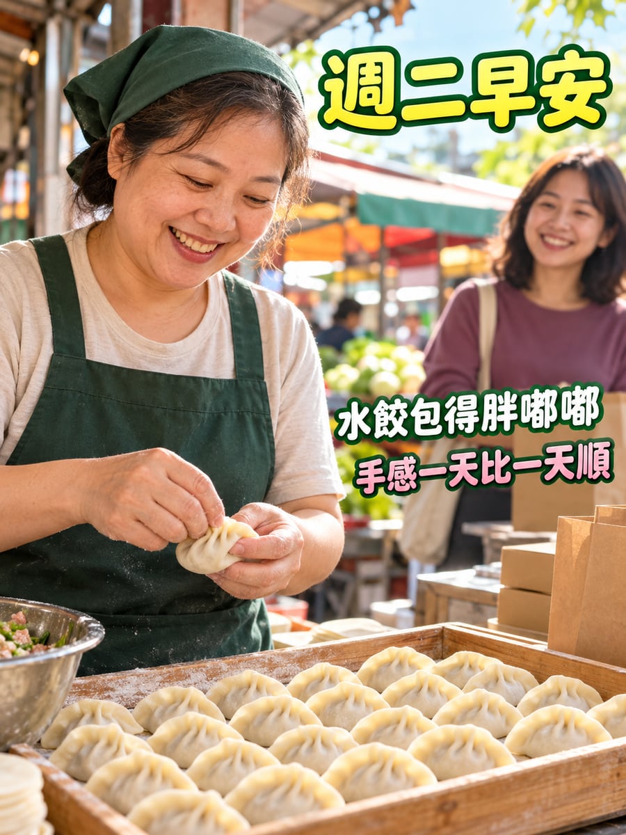 水餃攤包得胖嘟嘟。圖中文字：週二早安，水餃包得胖嘟嘟，手感一天比一天順