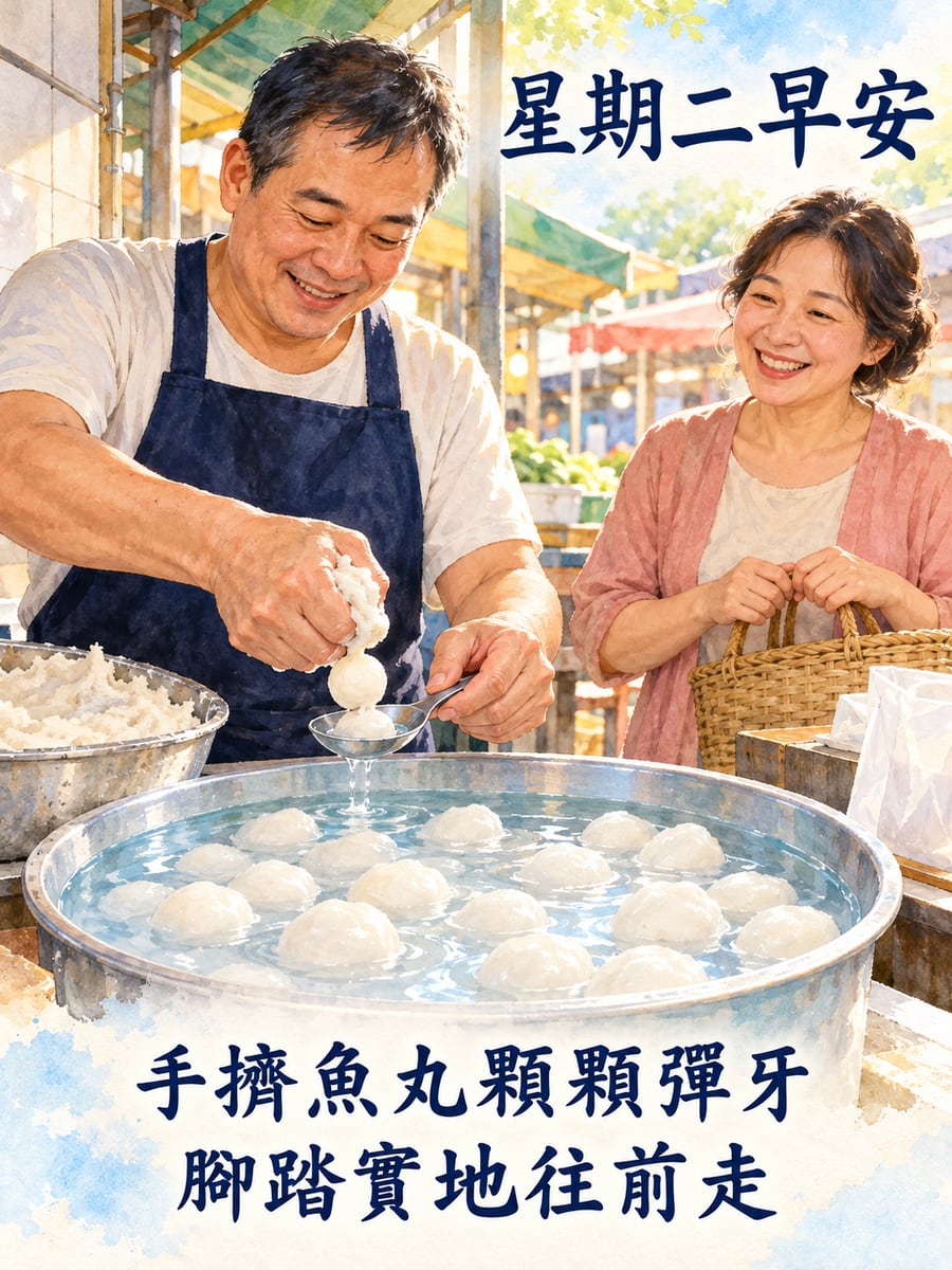 魚丸攤手擠魚丸。圖中文字：星期二早安，手擠魚丸顆顆彈牙，腳踏實地往前走