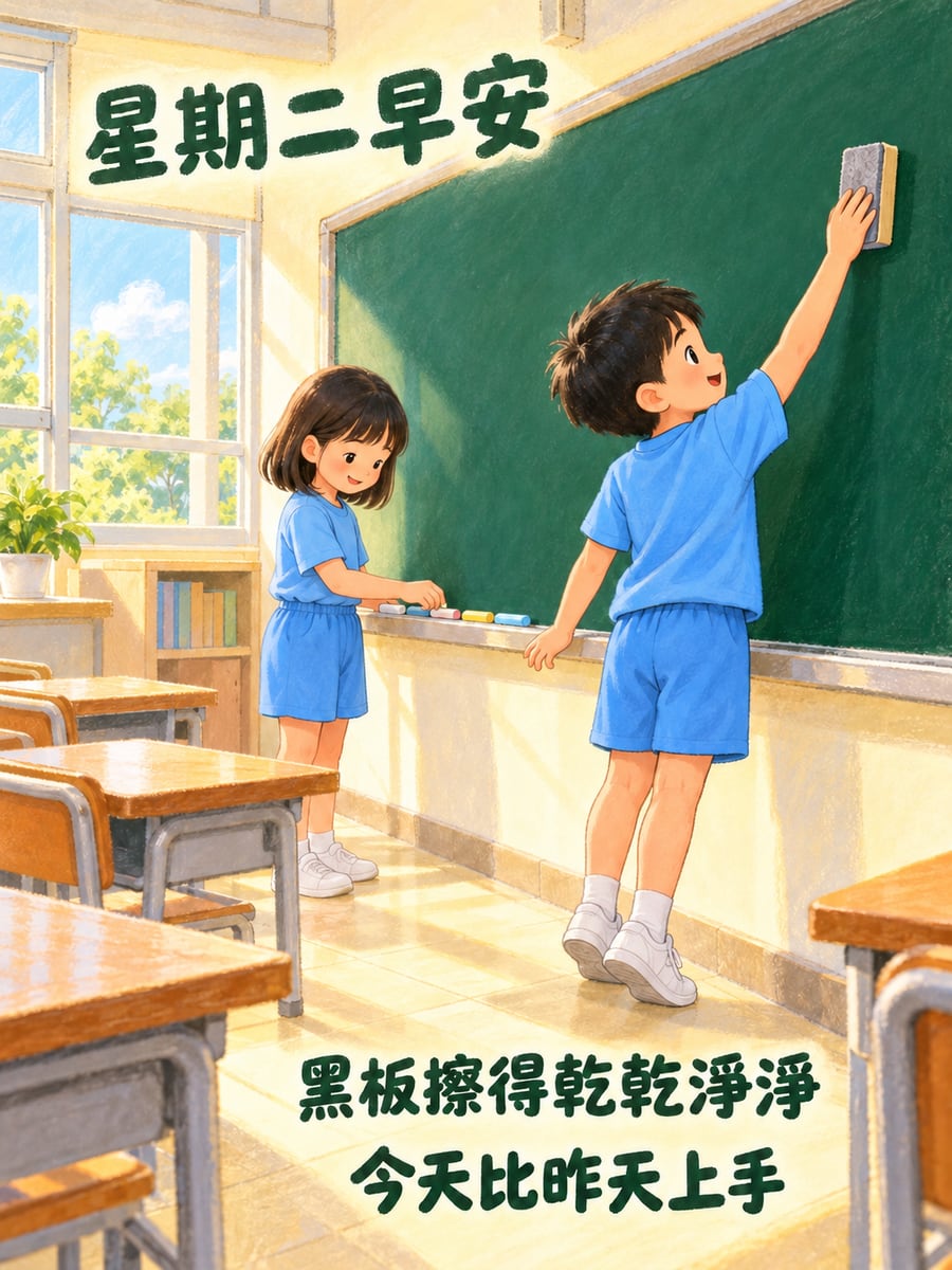 值日生擦黑板。圖中文字：星期二早安，黑板擦得乾乾淨淨，今天比昨天上手