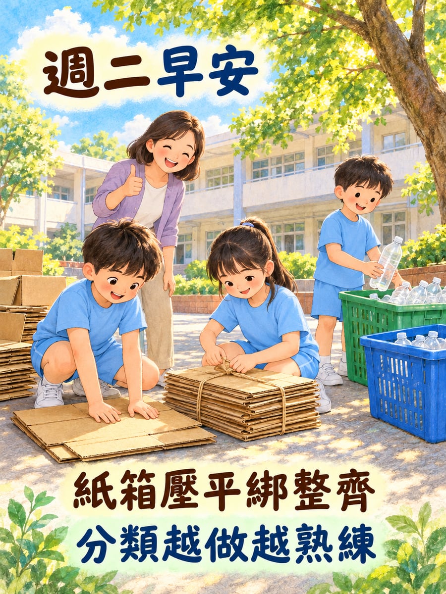 回收站的小幫手。圖中文字：週二早安，紙箱壓平綁整齊，分類越做越熟練