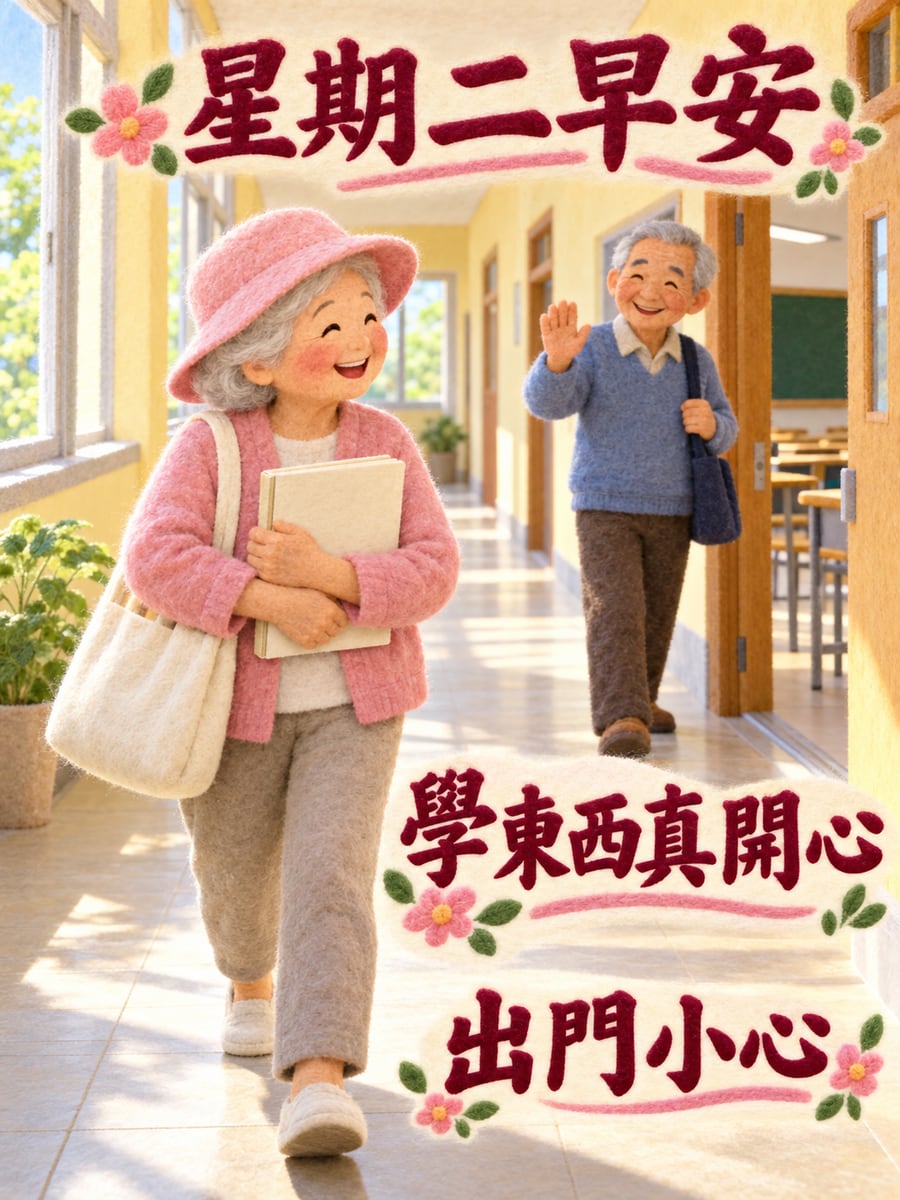 阿嬤背書包去上課。圖中文字：星期二早安，學東西真開心，出門小心