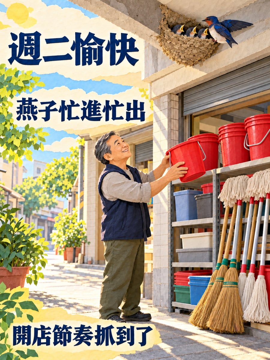五金行騎樓的洋燕。圖中文字：週二愉快，燕子忙進忙出，開店節奏抓到了