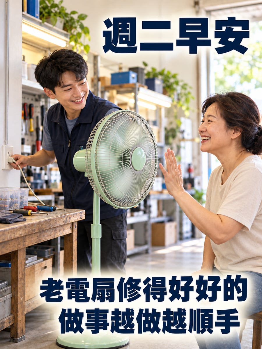 電器行修好老電扇。圖中文字：週二早安，老電扇修得好好的，做事越做越順手