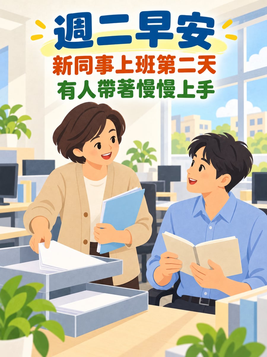 前輩帶新同事上手。圖中文字：週二早安，新同事上班第二天，有人帶著慢慢上手