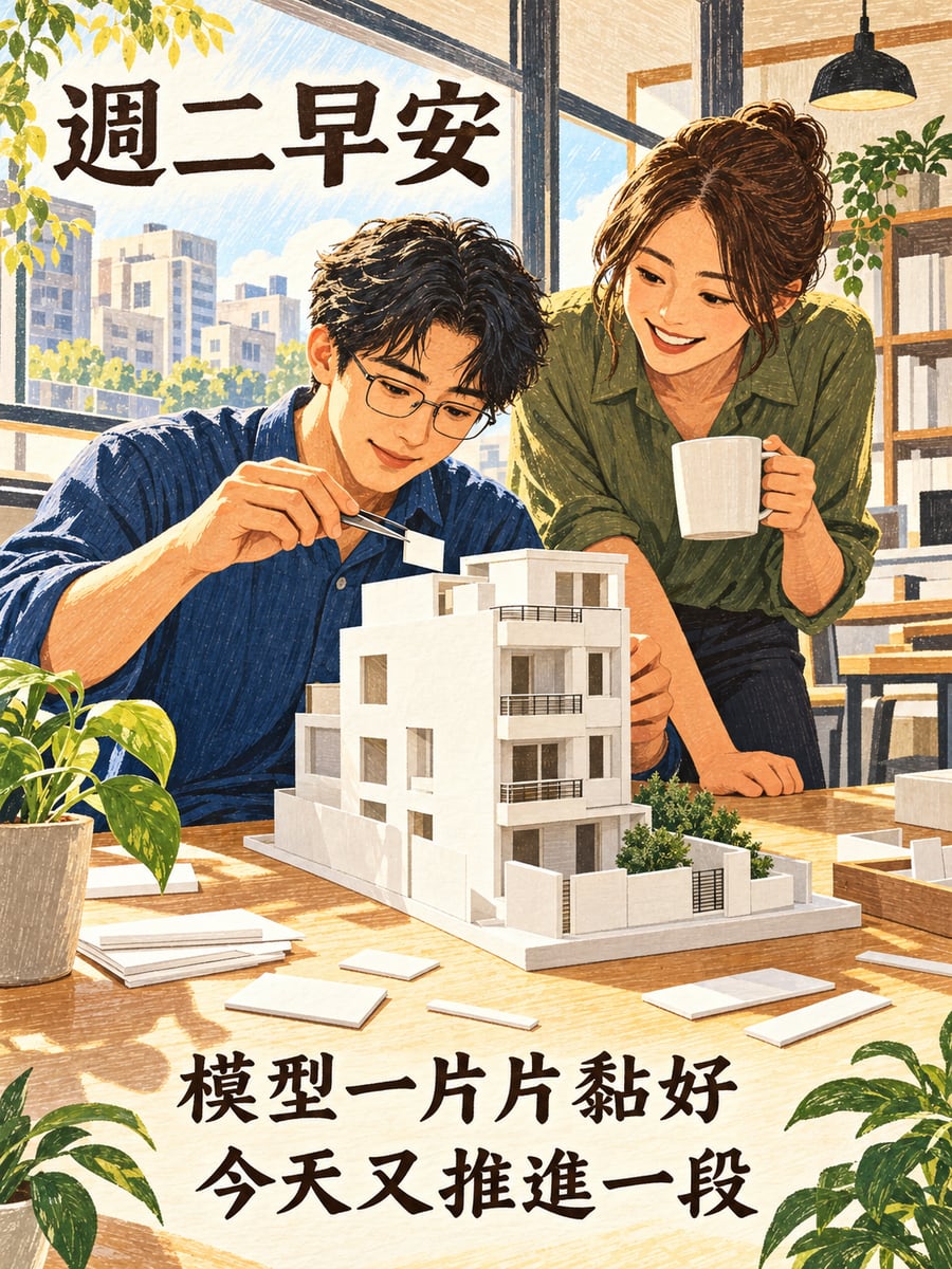 模型一片片黏上去。圖中文字：週二早安，模型一片片黏好，今天又推進一段